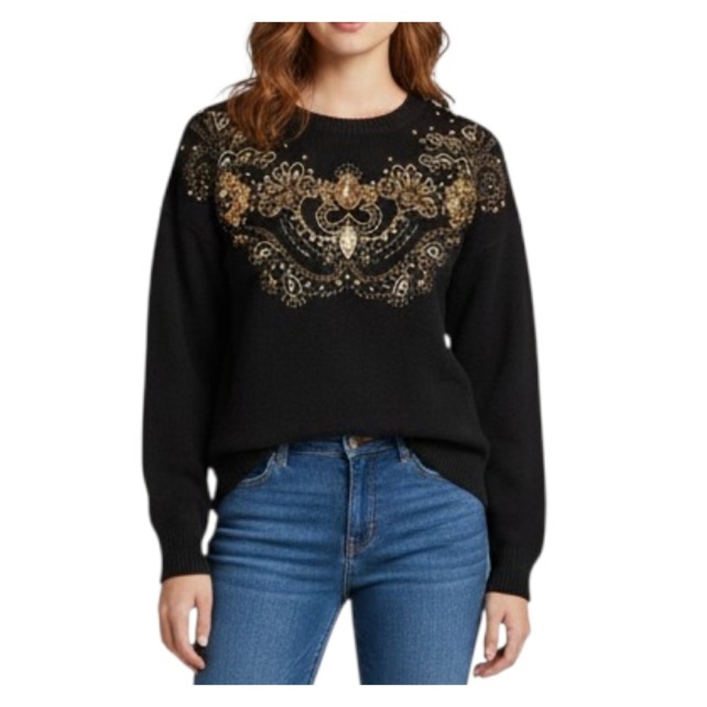 VTG Trimmings BLACK SWEATER Cocktail Party or Jeans GOLD BEADS SEQUIN Art Deco M
